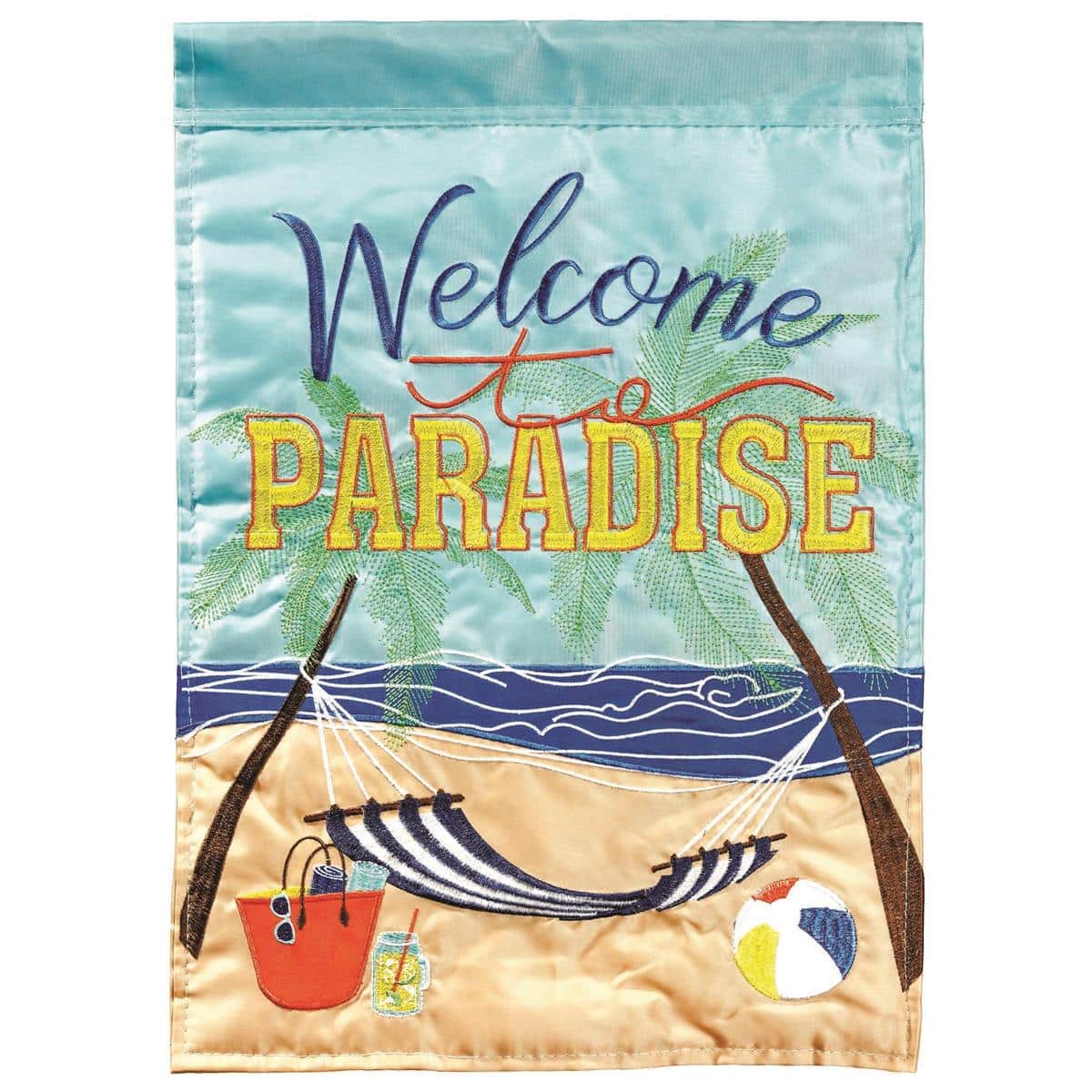 Bright Welcome To Paradise garden flag 13x18 with tropical palm leaves, hibiscus flowers, flamingo accents and beach sign motif in layered double applique texture on durable polyester fabric.