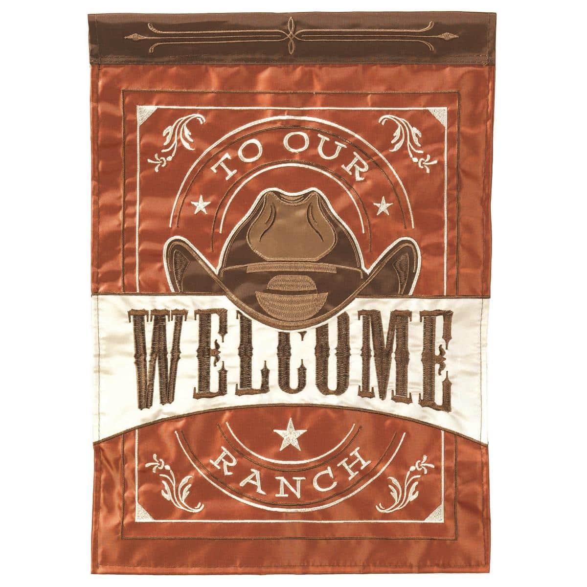 Rustic 13x18 Welcome To Ranch double applique garden flag with camping-inspired ranch graphics, cabin, trees, and horses; ideal for porch, patio, garden, and outdoor display