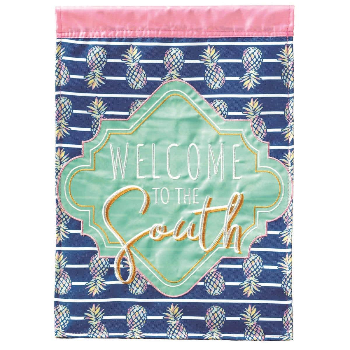 13x18 Welcome To South Pineapple garden flag with pineapple and southern floral motif, double-applique layers and vibrant colors displayed on a yard flag stand.