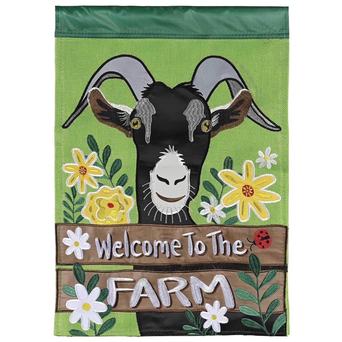 Welcome To The Farm double applique flag featuring playful farm animals, rustic 'Welcome' message, layered fabric accents, and durable outdoor construction for porch display.