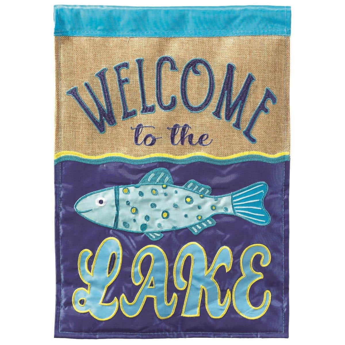 Close-up of Welcome To The Lake 13x18 double applique garden flag featuring a waterfront scene with dock, boat, and layered fabric textures in vibrant coastal colors