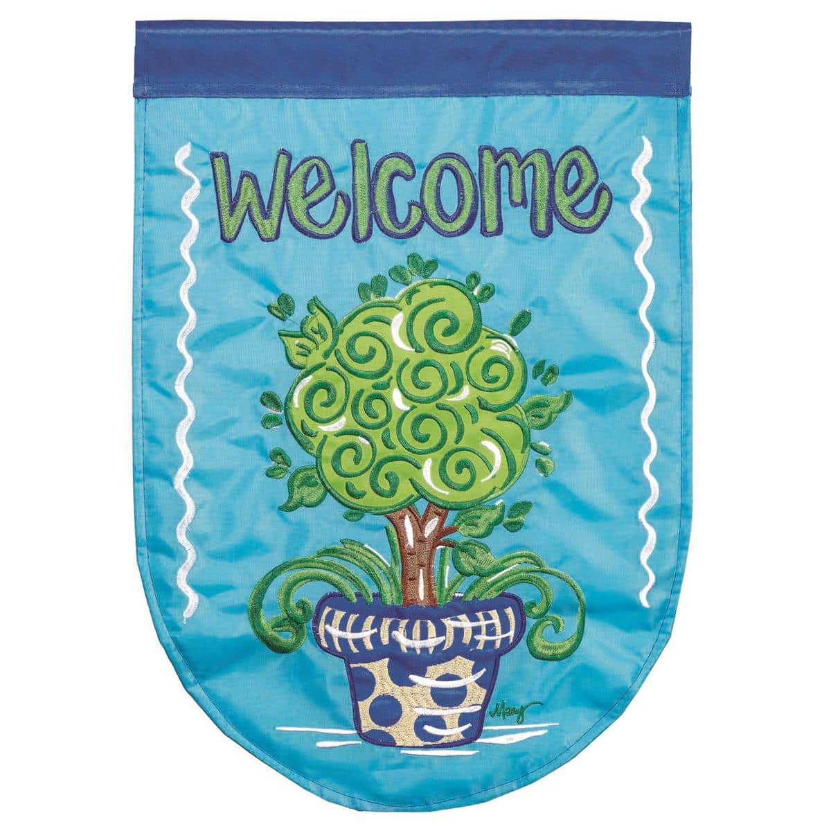 13x18 Welcome Topiary garden flag front view showing a layered double applique topiary shape accented by colorful floral appliques on a neutral background, hanging on a standard garden stake