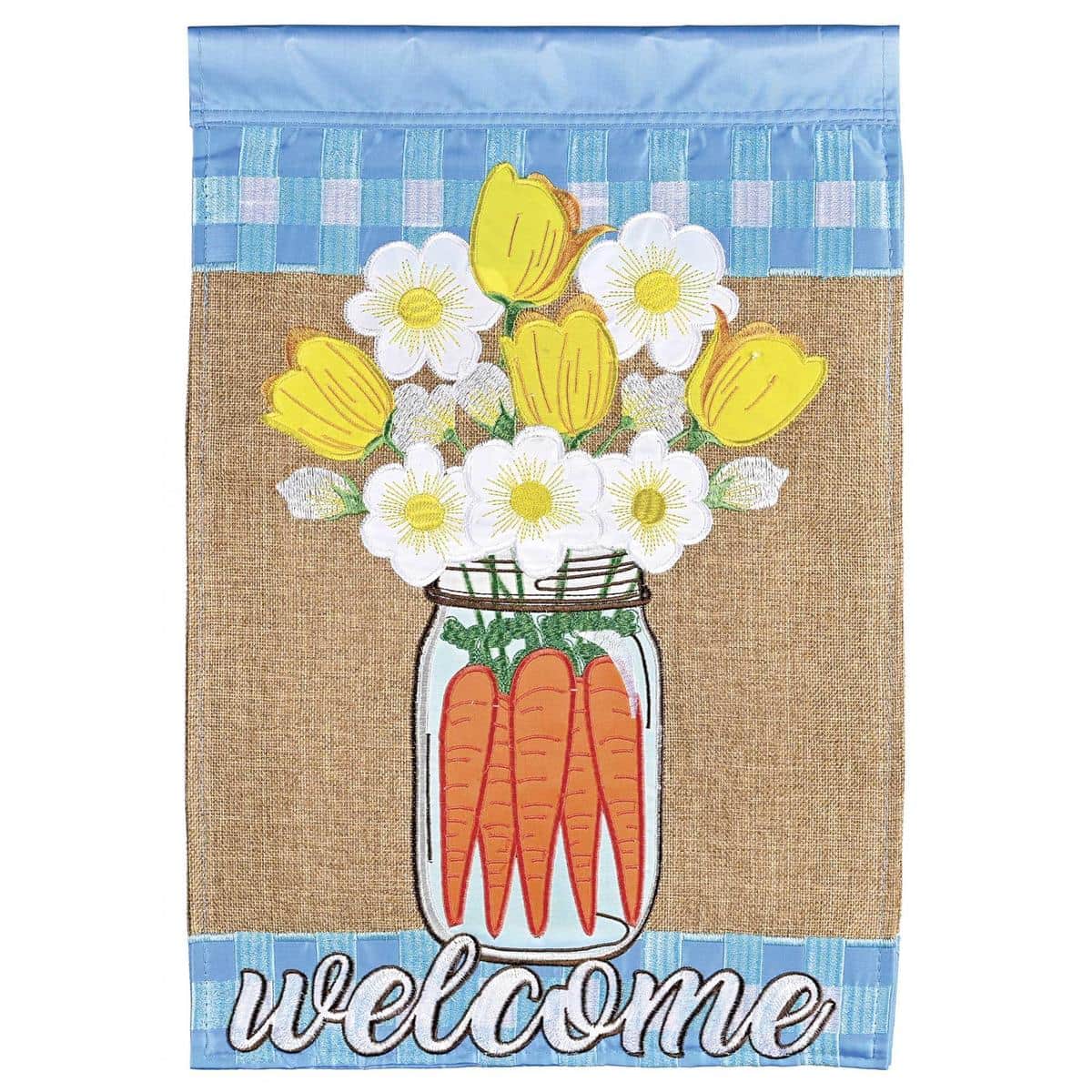 Close-up of 13x18 Welcome Tulips Garden Flag showing double applique tulip blooms, layered fabric texture, and 'Welcome' lettering on a durable outdoor garden flag suitable for porch or yard display
