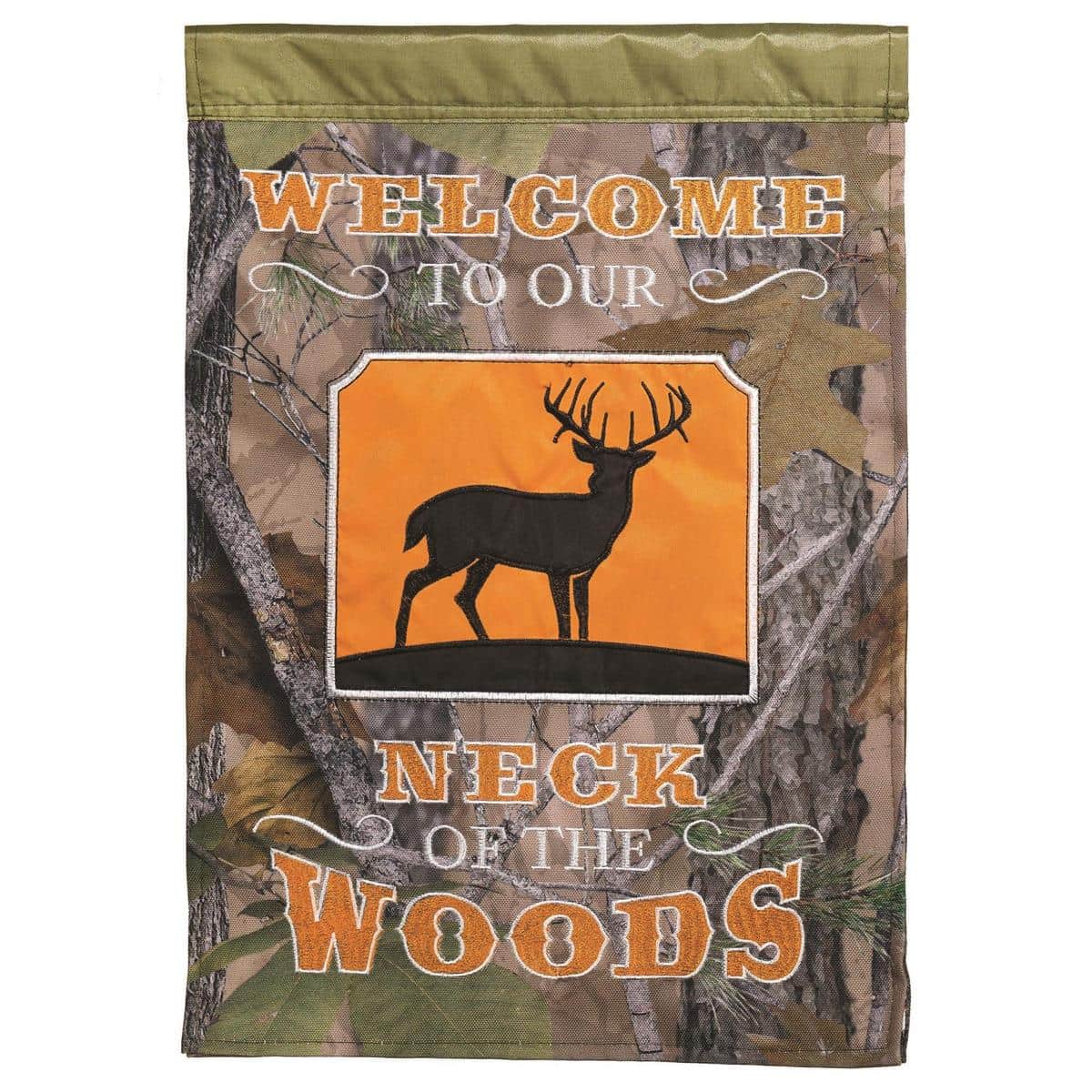 Close-up of Welcome Woods Garden Flag 13x18 showcasing layered double applique plus stitching, woodland welcome message, and reinforced top sleeve on a garden stand.