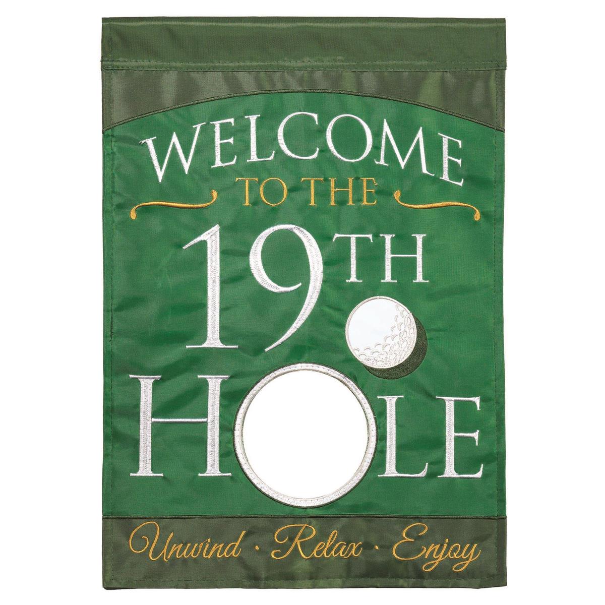 Welcome 19th Hole flag with playful design, intricate embroidery, and durable construction for outdoor golf-themed decor.
