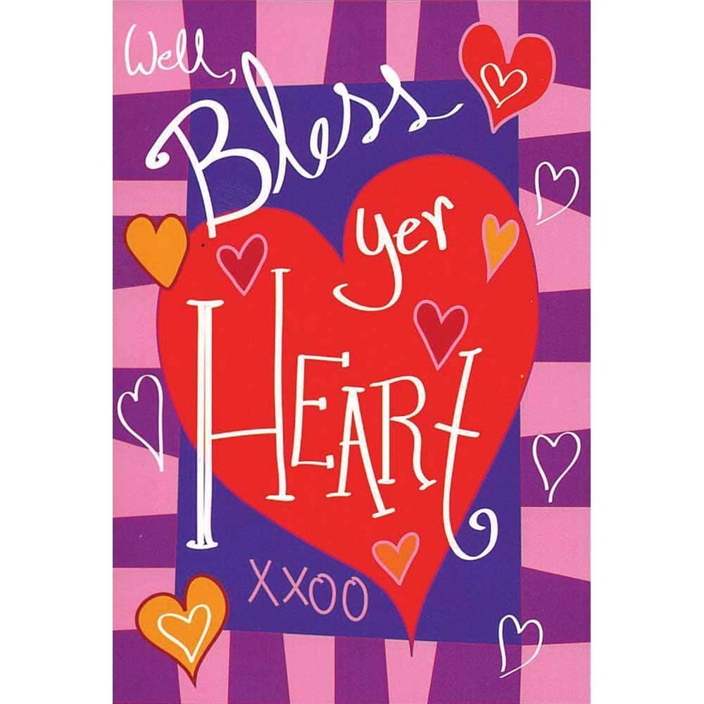 Well Bless Yer Heart double applique 13x18 spring garden flag with two sided stitched lettering, weather resistant fabric, and a reinforced pole sleeve on a garden stand.