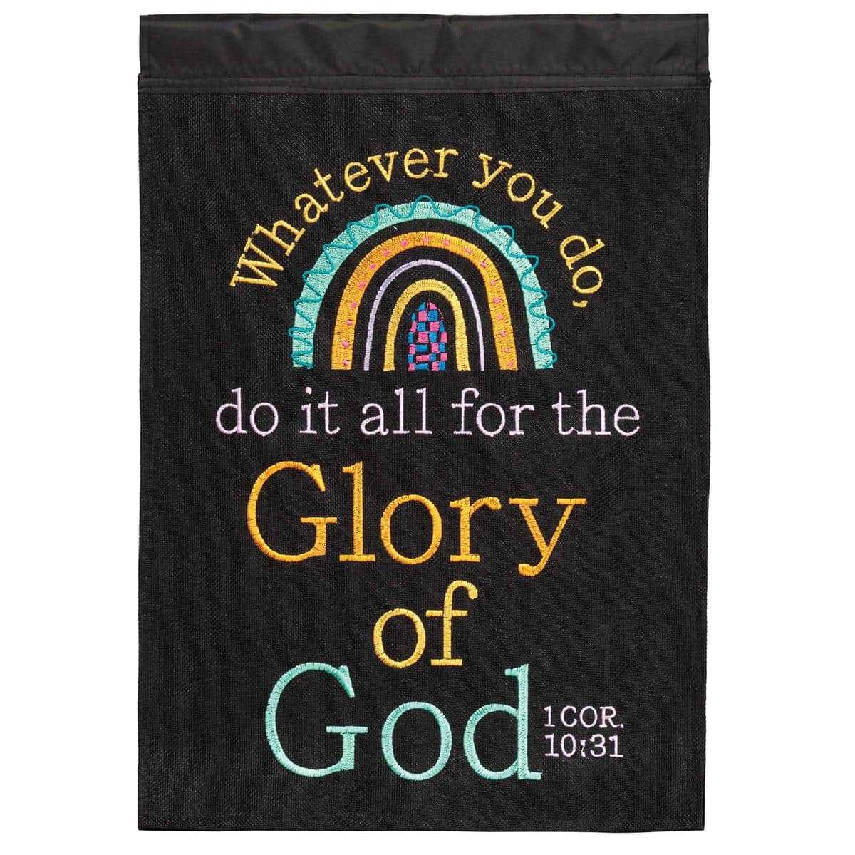 13x18 double applique scripture garden flag with Whatever You Do message, two sided embroidery, durable polyester, displayed on a garden stand.