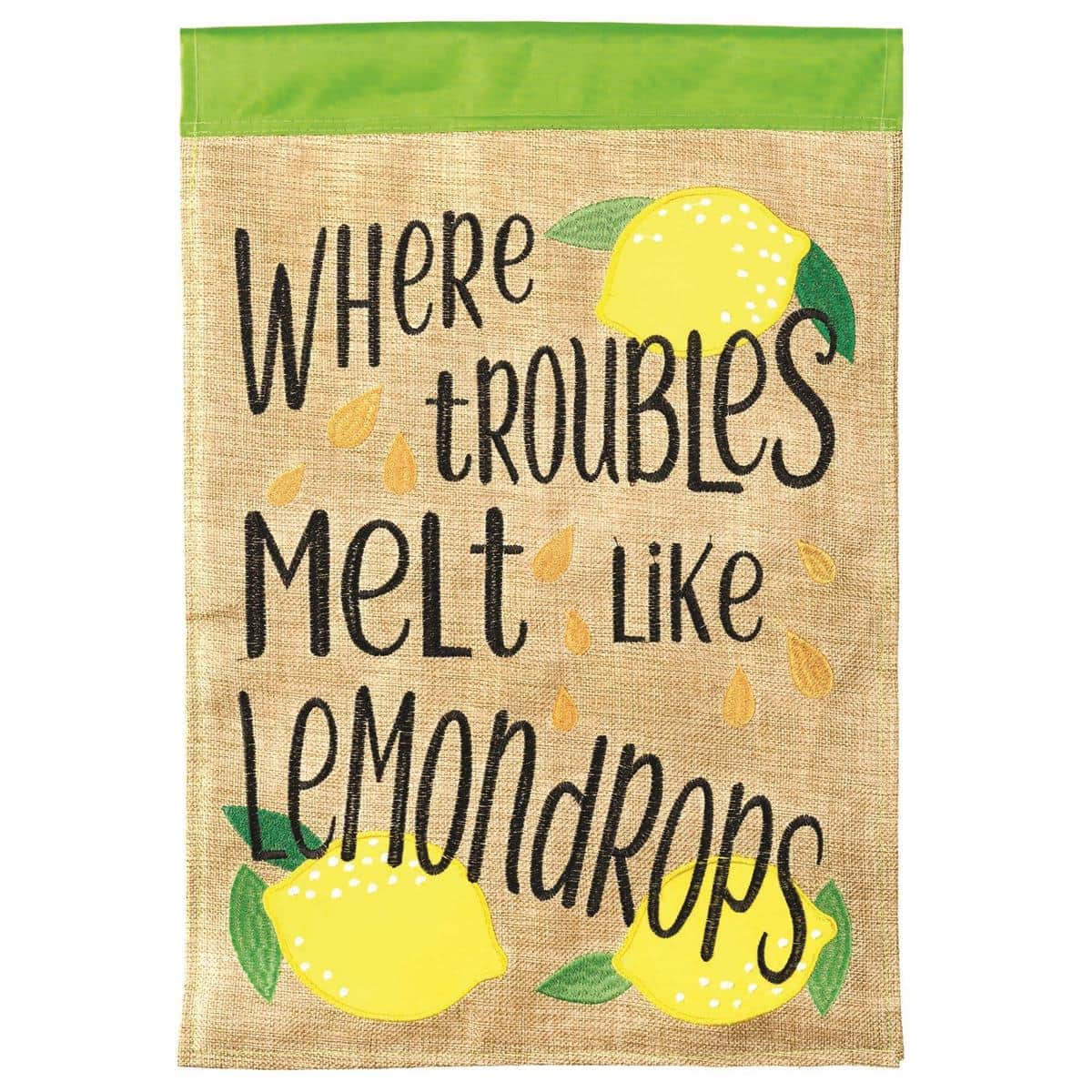 13x18 Where Troubles Melt burlap garden flag with double applique summer design, rustic texture, and reinforced sleeve for garden pole display.