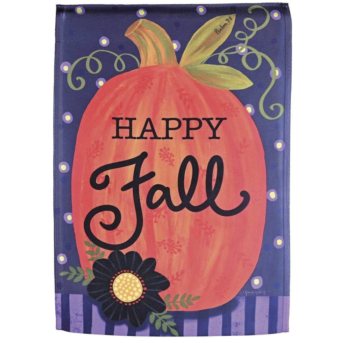 Alt text for main product image: Whimsical Pumpkin Happy Fall printed flag with smiling pumpkins, curling vines, and Happy Fall lettering in warm orange and gold tones for porch or garden display