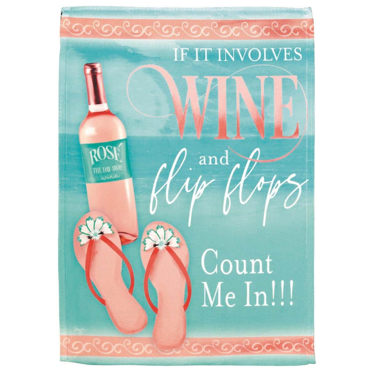 Wine Flip Flops 13x18 garden flag with printed summer wine and sandals artwork displayed on a yard stake by a porch garden.
