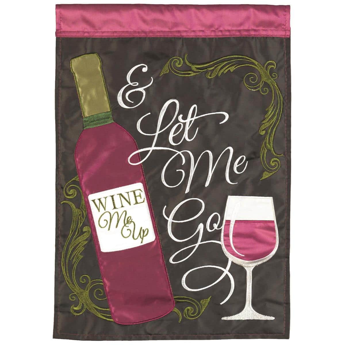 Close-up photo of the Wine Me Up Banner Flag 29x42 Double Applique showing a layered wine bottle and glass applique with playful "Wine Me Up" lettering, hanging on a porch rod with textured fabric detail.