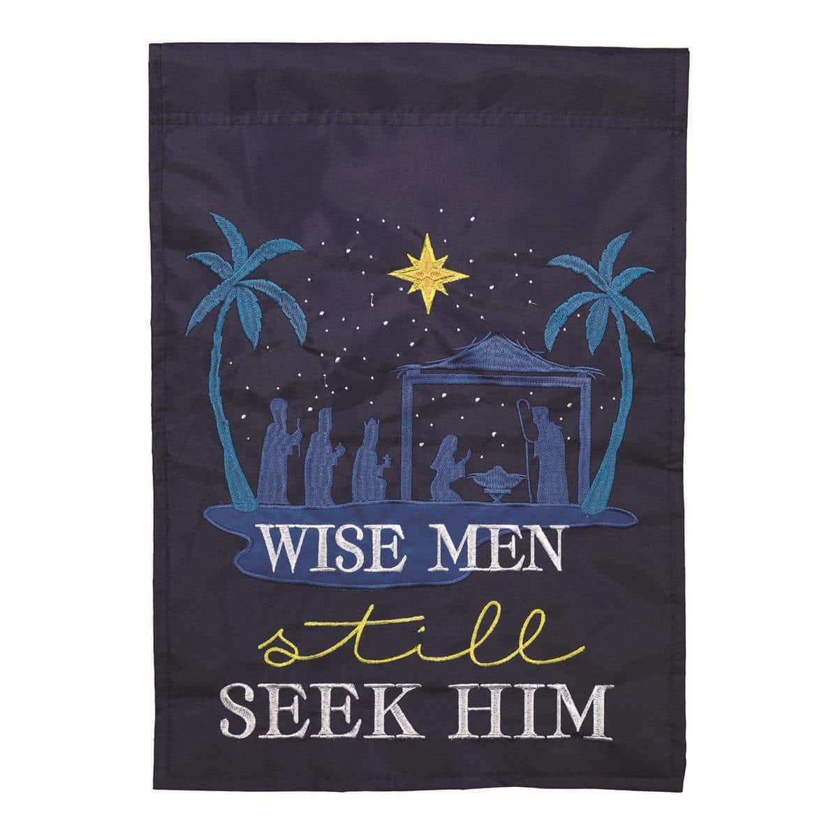 13x18 Wise Men garden flag showing double applique nativity with three wise men, a guiding star, and a manger rendered on textured outdoor fabric for porch or garden display.