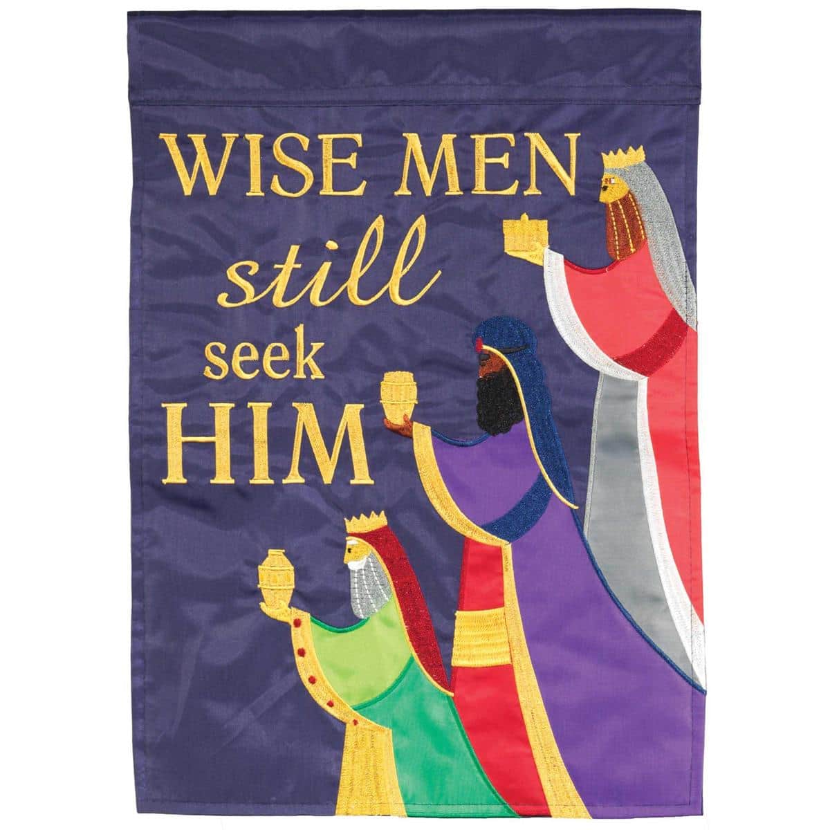 13x18 Wise Men Still Seek garden flag with double-applique Nativity scene of Three Wise Men and guiding star, Christmas religious outdoor decor.
