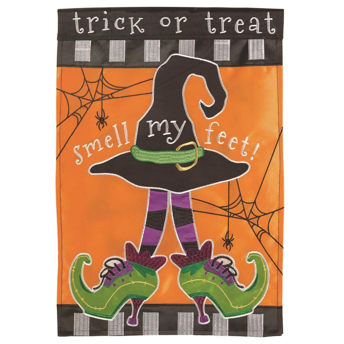 13x18 Witch Hat garden flag double applique showing a layered witch hat motif with moon and pumpkins for Halloween porch and garden display.