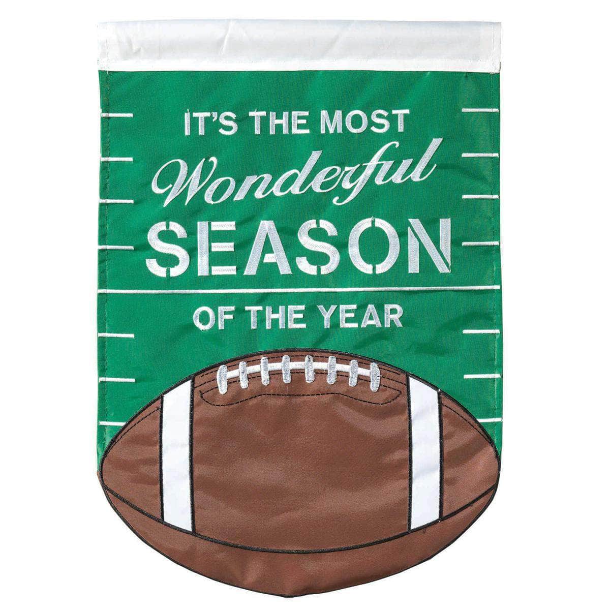 Wonderful Season Football Garden Flag with double-thickness design, intricate applique stitching, and durable nylon construction for sports outdoor décor.