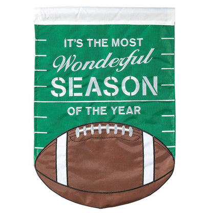 Wonderful Season Football Garden Flag with double-thickness design, intricate applique stitching, and durable nylon construction for sports outdoor décor.