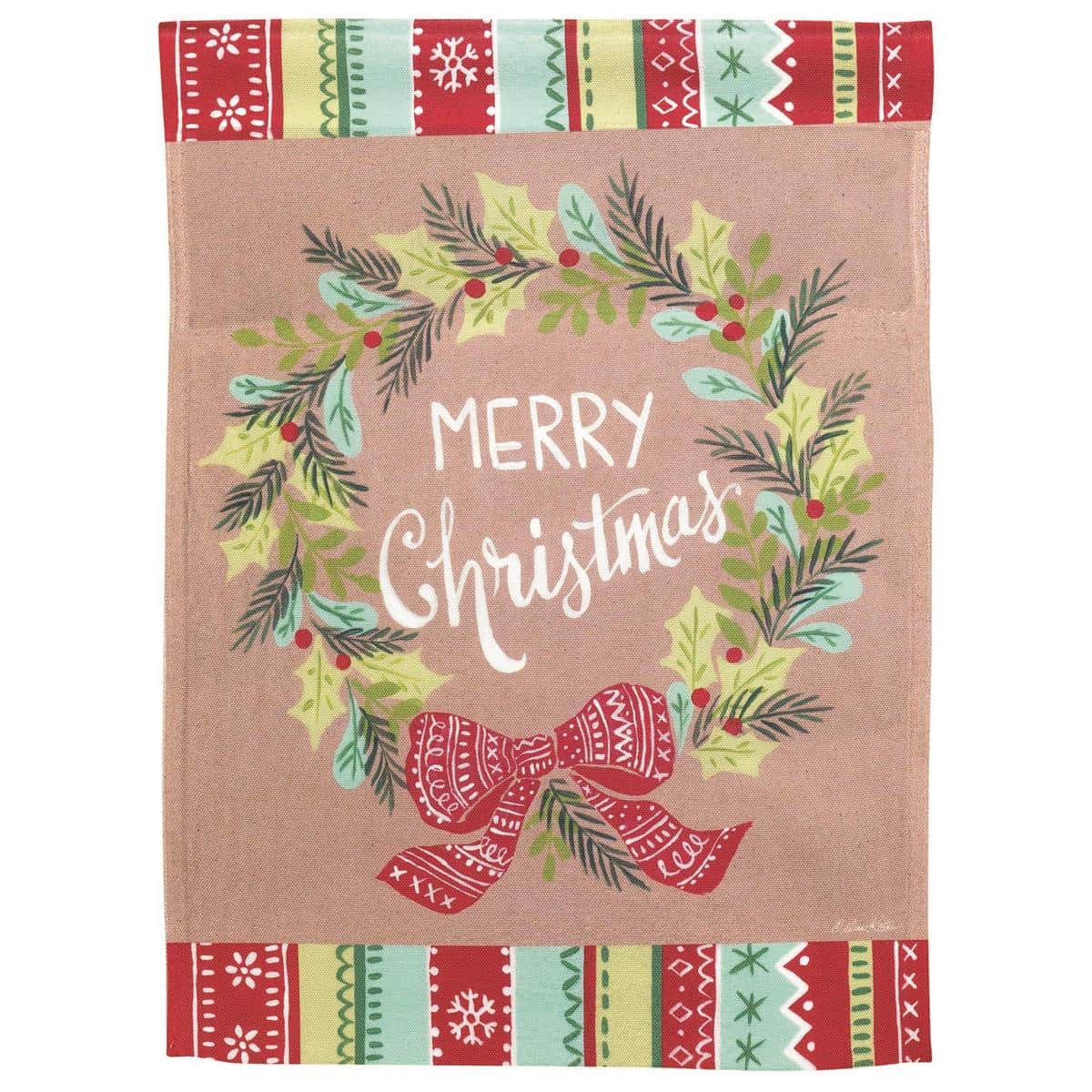 13x18 Wreath Merry Christmas garden flag showing a vivid printed evergreen wreath with red bow on a white background, printed polyester material designed for outdoor holiday decoration