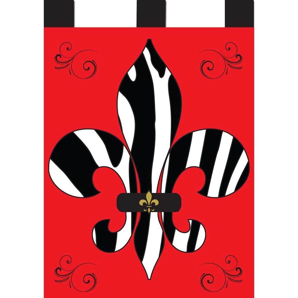 13x18 zebra print garden flag featuring a layered Fleur-de-Lis double applique in high-contrast black and white for small flagpole display on porches, patios, or front lawns.