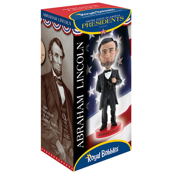 Abraham Lincoln V2 Bobblehead featuring detailed hand-painted likeness of the 16th president in a colorful collector's box.