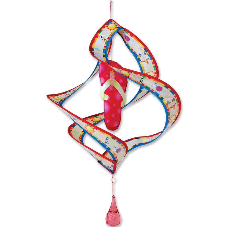 Accent Twirly Flip Flops garden twirlers hanging from a porch, featuring vibrant satin fabric and colorful blades gently spinning in the breeze.