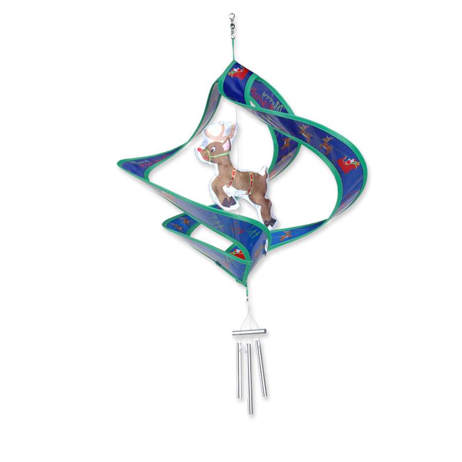 Accent Twirly - Rudolph hanging in a garden setting, featuring vibrant twirling blades and a bright satin Rudolph icon.