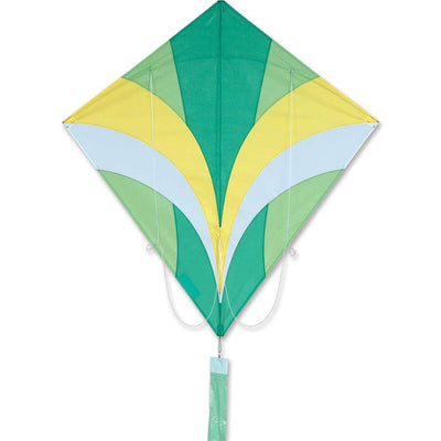 Green Ace Sport Kite flying in the sky, showcasing loops and stunts with a long tail, perfect for outdoor enthusiasts.