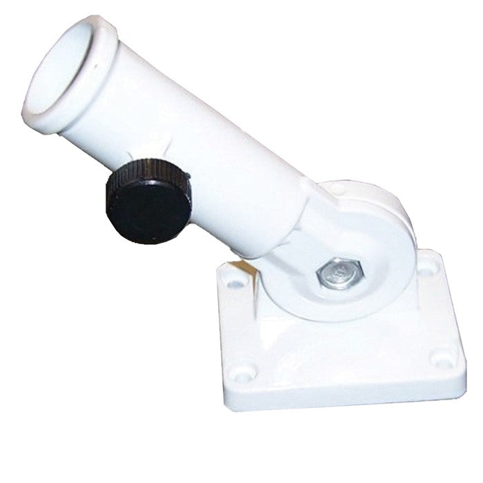 Adjustable Bracket for flag poles displaying flags at varying angles, made from white powder-coated metal, perfect for outdoor use.