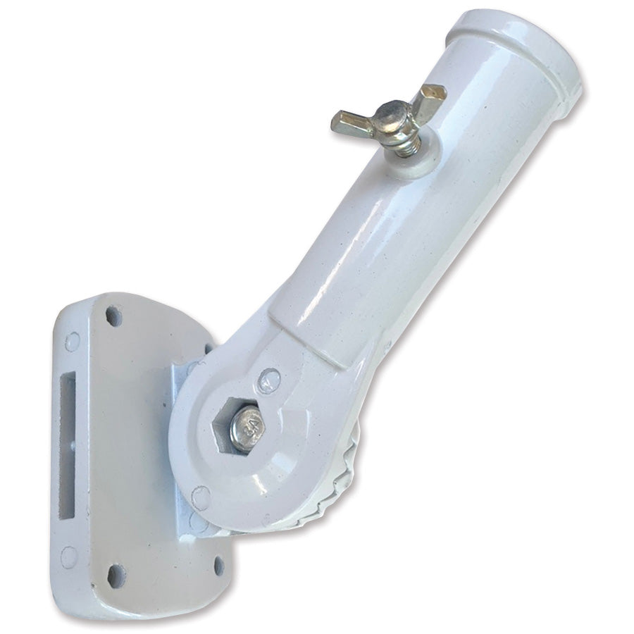 Adjustable House Flag Bracket in heavy-duty metal, securely holding a flag pole at multiple angles for optimal display outdoors.