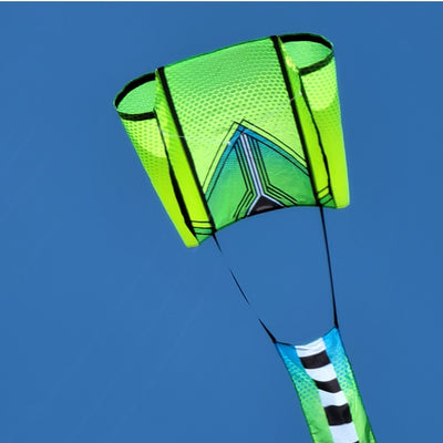 Aero Tech Power Sled 10 Kite in Kool Lime color measuring 45 x 15.5 ft soaring into a bright blue sky, showcasing its large banner tail.