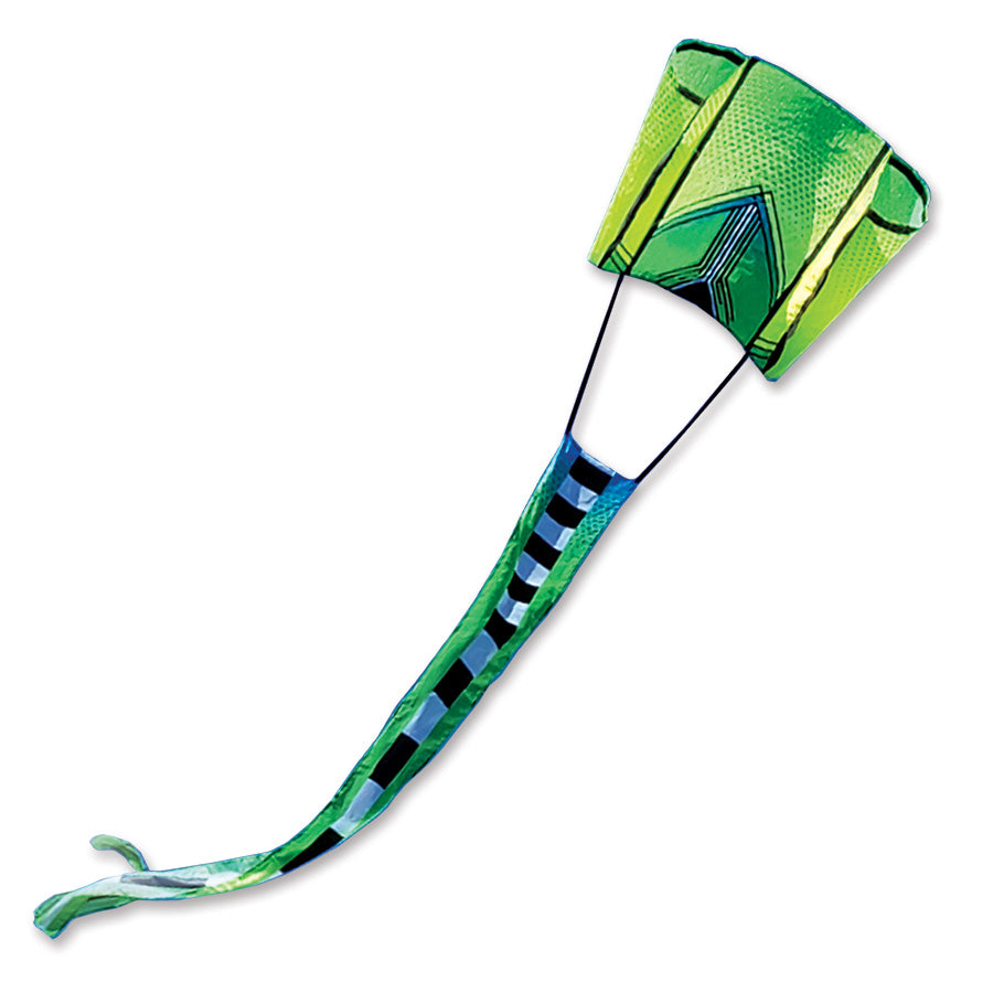 Aero Tech Power Sled 10 Kite in Kool Lime color measuring 45 x 15.5 ft soaring into a bright blue sky, showcasing its large banner tail.