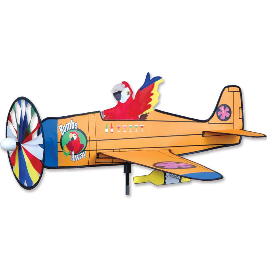 Airplane Spinner - Bombs Away lawn ornament showcasing a colorful, vintage airplane design spinning gracefully in a garden setting.