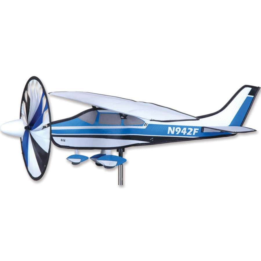 Civilian biplane wind spinner with 26 in. length, classic open cockpit design, 9.5 in. propeller, ripstop polyester sail, fiberglass frame, and ground stake included.