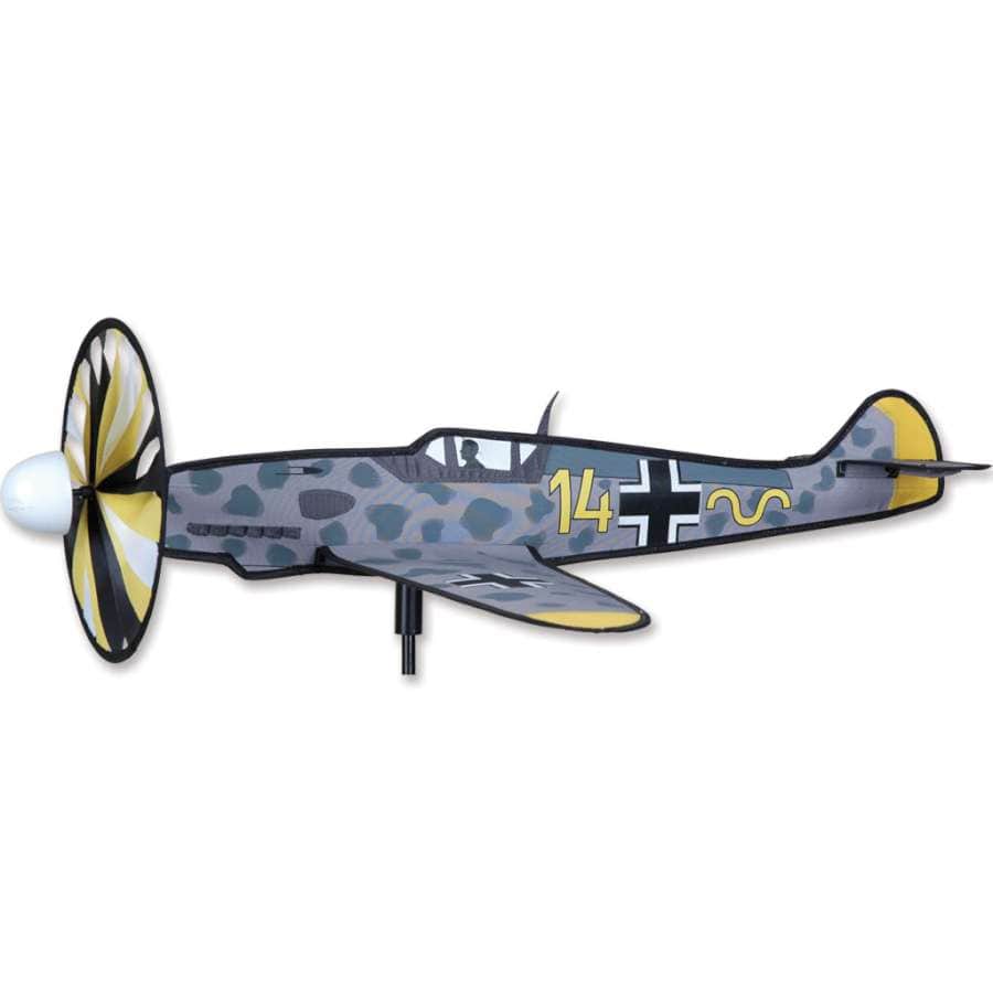 ME109 airplane wind spinner with 25 in. wingspan, 9.5 in. propeller, camo WWII graphics, ripstop polyester sail, and fiberglass frame. Includes ground stake.