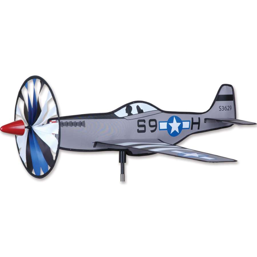 Airplane Spinner - P-51 Mustang lawn ornament spinning in the garden, showcasing vibrant colors and intricate design details.