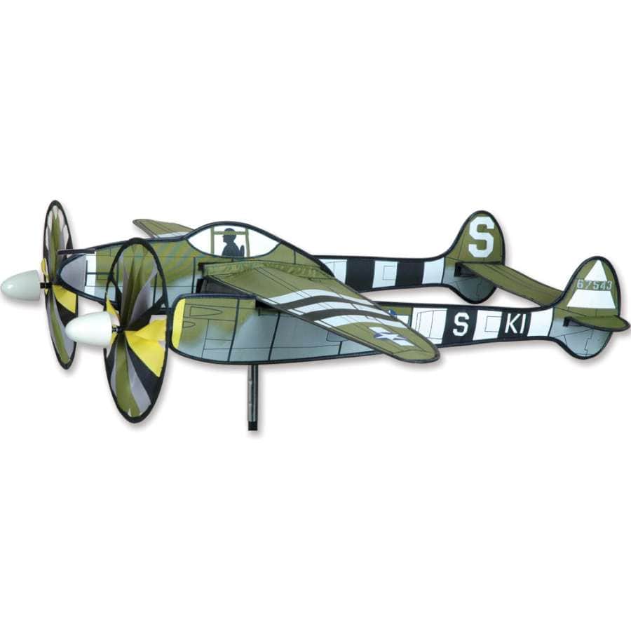 P-38 Lightning wind spinner with 38 in. length, dual 8.5 in. propellers, ripstop polyester sail, and fiberglass frame. Includes ground stake for display.