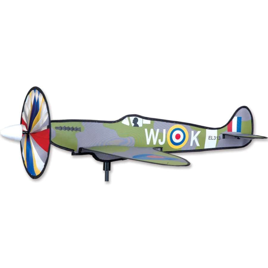 Spitfire wind spinner with 10 in. propeller, 25 x 29 in. dimensions, and WWII fighter design. Fiberglass frame, weatherproof fabric, and smooth motion.