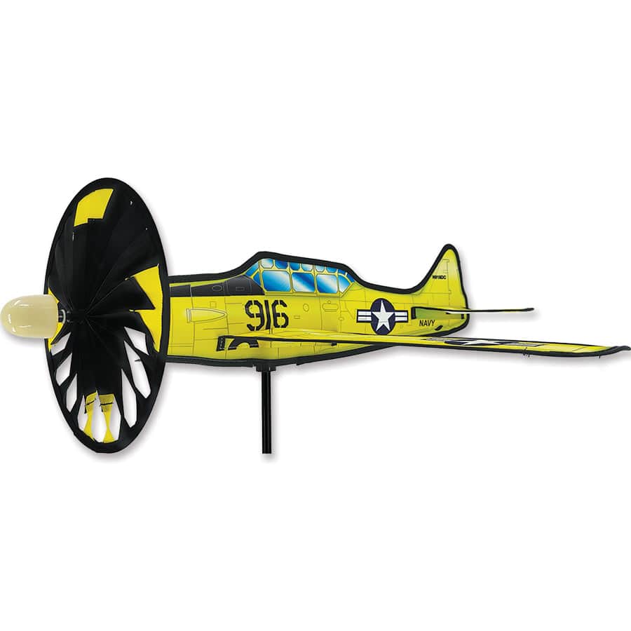 20 in. yellow Texan T6 airplane spinner with 8 in. spinning prop, military detailing, ripstop polyester, fiberglass frame, and compact 15.5 in. wingspan.