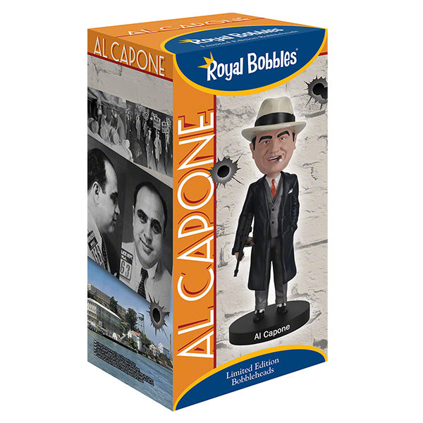 Al Capone Bobblehead standing 8 inches tall, featuring lifelike details, displayed on a shelf with a vintage theme in the background.