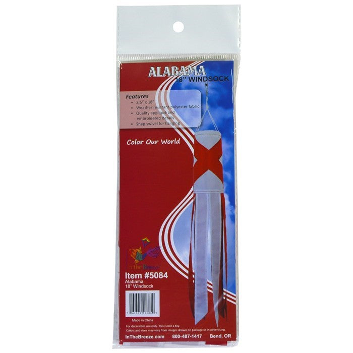 Alabama 18-inch windsock featuring bright colors and applique design fluttering in the wind, showcasing state pride in a garden setting.