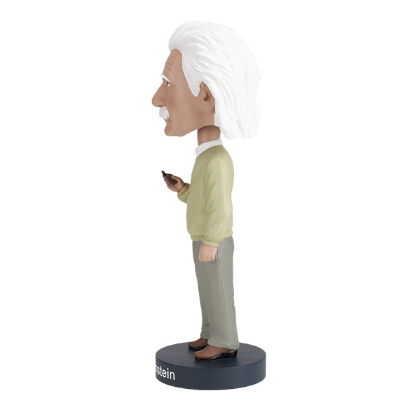 Albert Einstein v2 bobblehead standing approximately 8 inches tall, crafted from heavyweight polyresin with intricate detailing, showcasing Einstein's iconic likeness.