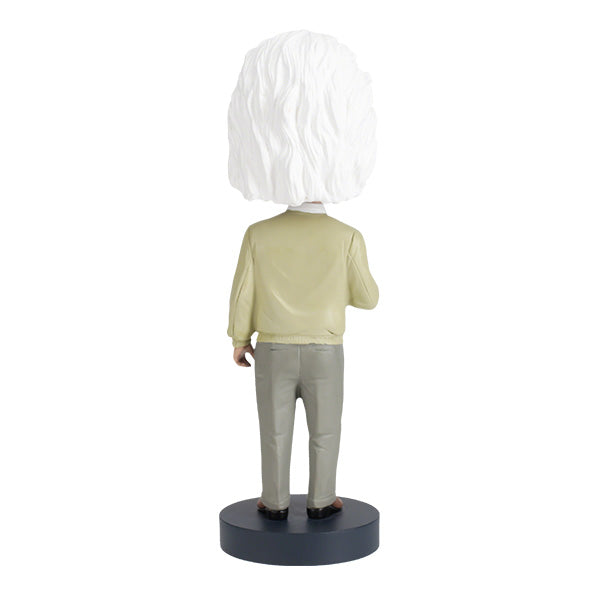 Albert Einstein v2 bobblehead standing approximately 8 inches tall, crafted from heavyweight polyresin with intricate detailing, showcasing Einstein's iconic likeness.