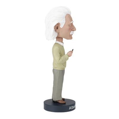 Albert Einstein v2 bobblehead standing approximately 8 inches tall, crafted from heavyweight polyresin with intricate detailing, showcasing Einstein's iconic likeness.