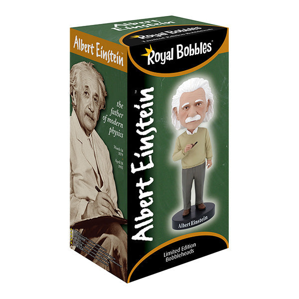 Albert Einstein v2 bobblehead standing approximately 8 inches tall, crafted from heavyweight polyresin with intricate detailing, showcasing Einstein's iconic likeness.