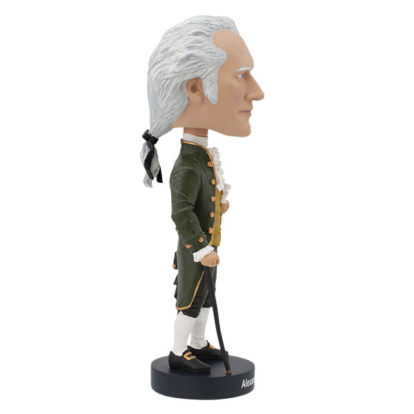 Alexander Hamilton bobblehead, approximately 7 inches tall, showcasing detailed hand-painted features and a collector's box.