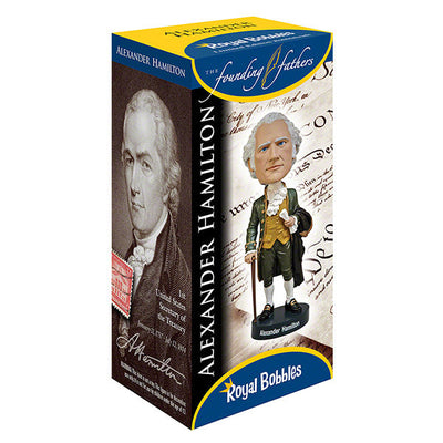 Alexander Hamilton bobblehead, approximately 7 inches tall, showcasing detailed hand-painted features and a collector's box.