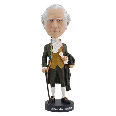 Alexander Hamilton bobblehead, approximately 7 inches tall, showcasing detailed hand-painted features and a collector's box.