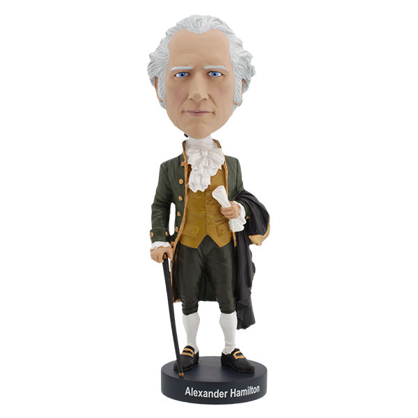Alexander Hamilton bobblehead, approximately 7 inches tall, showcasing detailed hand-painted features and a collector's box.