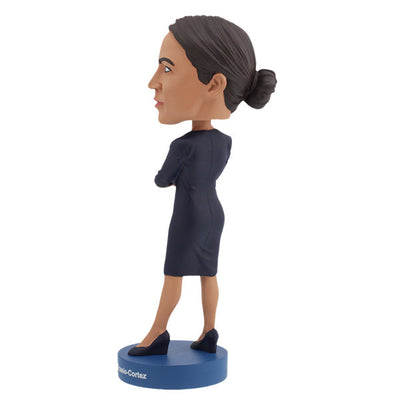 Alexandria Ocasio-Cortez bobblehead displaying intricate details, hand-painted and crafted from heavyweight polyresin with a vibrant finish.