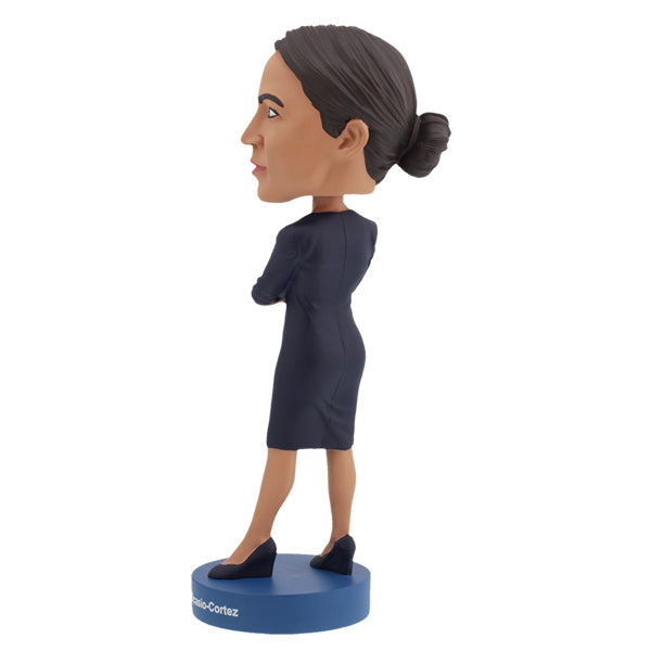 Alexandria Ocasio-Cortez bobblehead displaying intricate details, hand-painted and crafted from heavyweight polyresin with a vibrant finish.