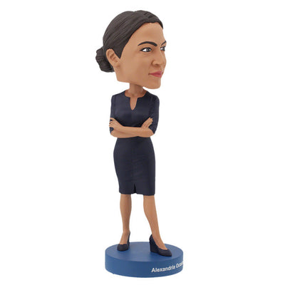Alexandria Ocasio-Cortez bobblehead displaying intricate details, hand-painted and crafted from heavyweight polyresin with a vibrant finish.